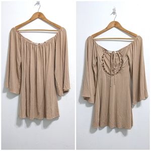 Sky brand dress tan light brown braided back off shoulder mini boho indie
